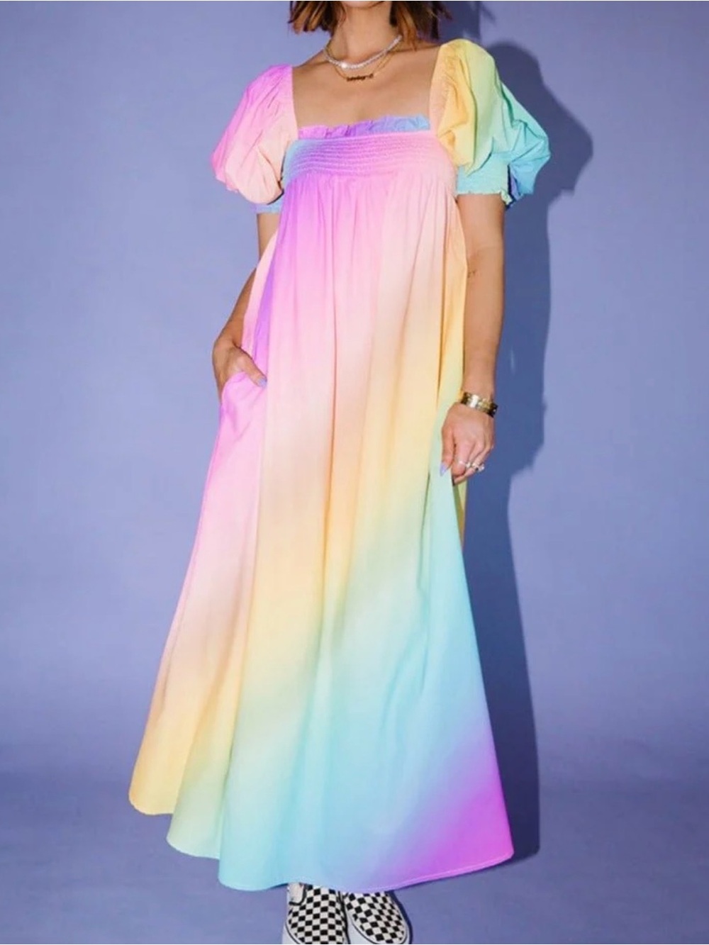 Dressed in LALA Palm Springs Smocked Rainbow Ombre Puff-Sleeve Maxi Dress Sz XL